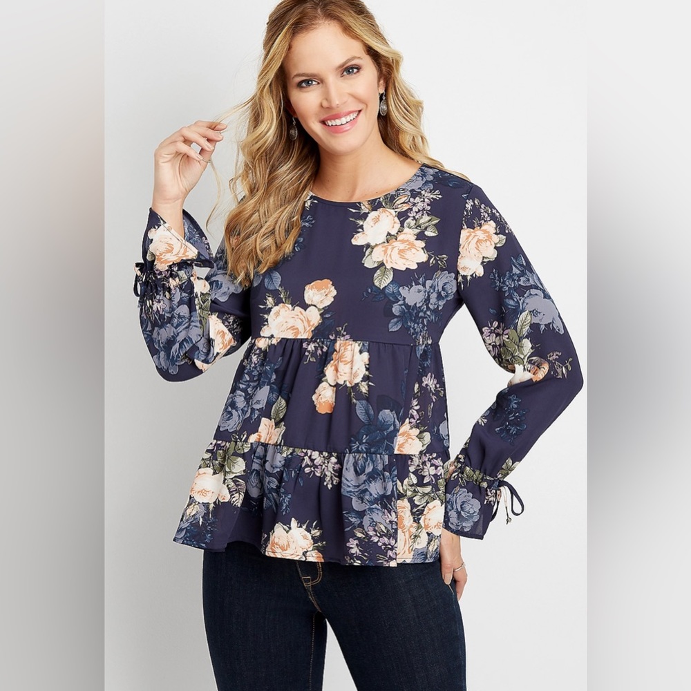 Maurices floral tiered peasant blouse blue pink rose long sleeve tunic top xs